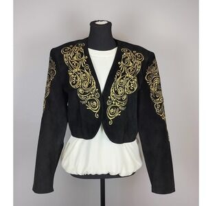 Vintage Danier Suede Gold Embroidered Bolero Jacket Womens Large Black Cropped